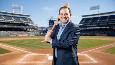Justin Steinman holding a baseball bat on a professional baseball field