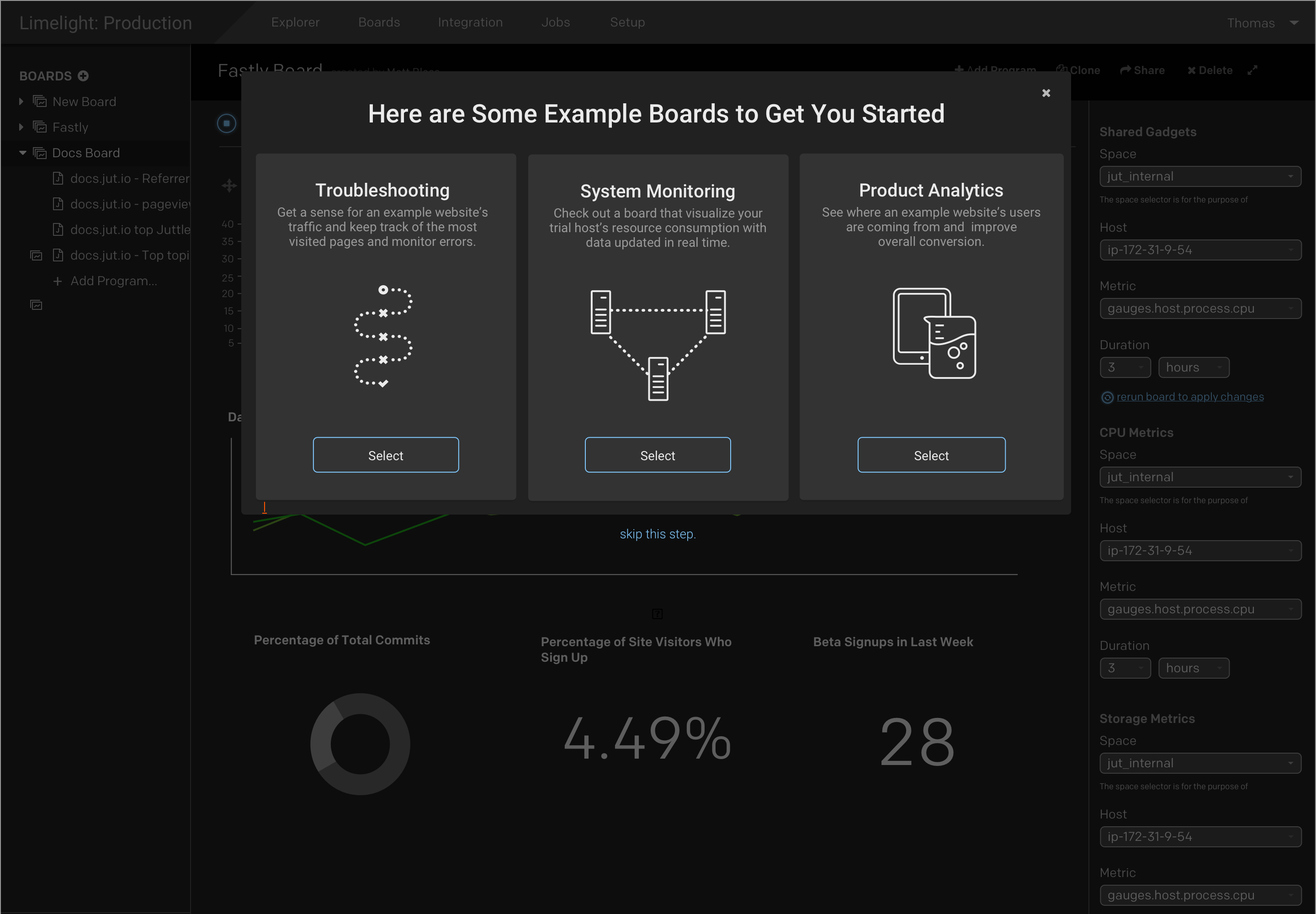 Historic Jut onboarding screen offering example boards for troubleshooting, system monitoring and product analytics