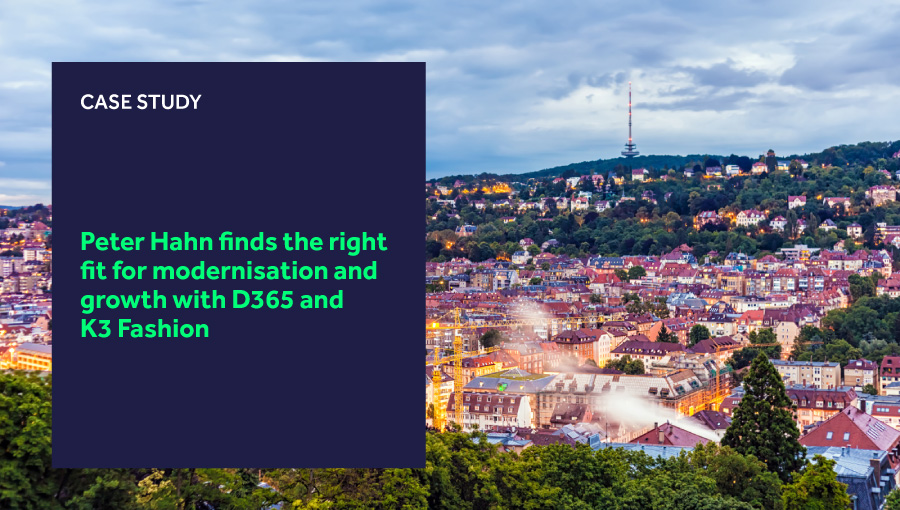 K3 Fashion case study graphic over a panoramic view of Stuttgart, home of Peter Hahn