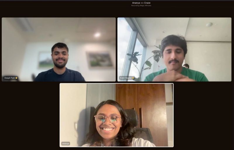 Deepit Patil, Kabir Nagral and Ananya Shajeev speaking on a video call