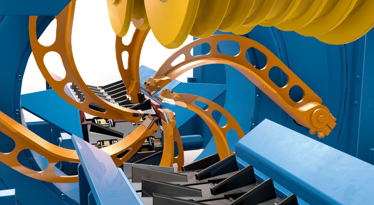 Kadant wood-processing equipment rendering with yellow circular mechanisms inside a blue machine frame