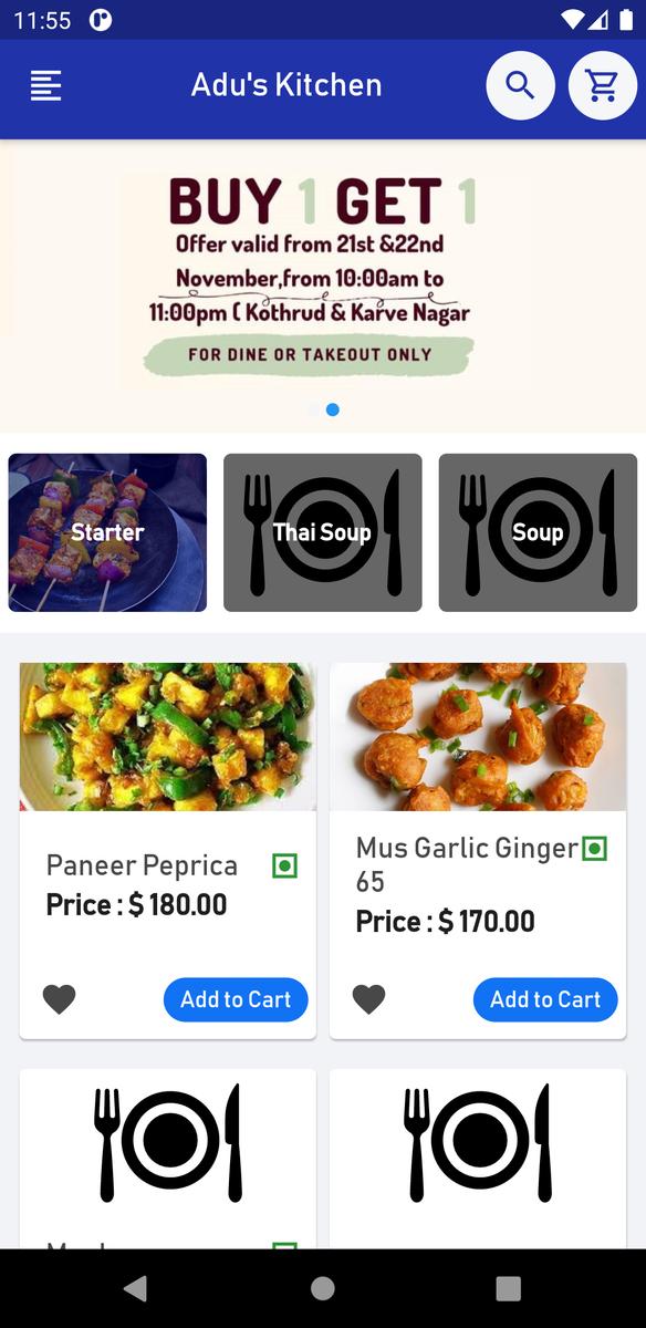 Archived Kafecloud Customer app screenshot showing a restaurant menu and Add to Cart buttons