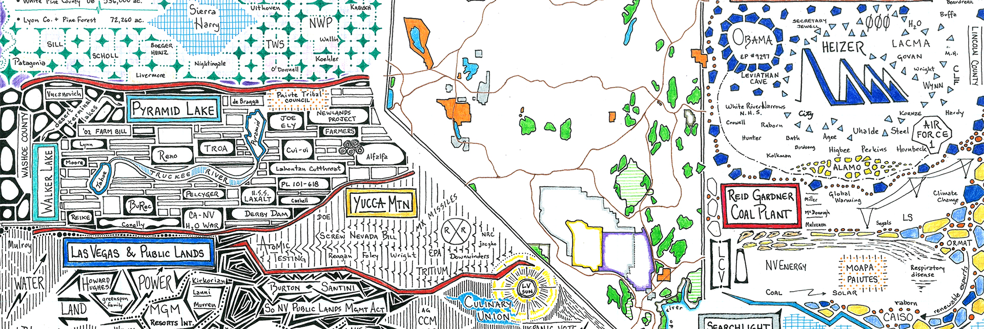 A colorful hand-drawn section of Kai Anderson’s map of Harry Reid’s environmental campaigns