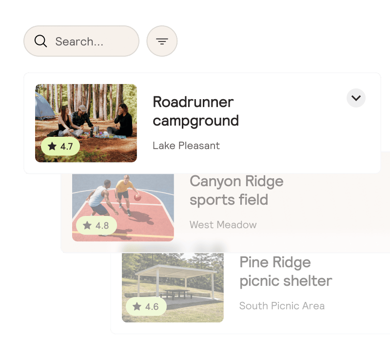 Kaizen recreation booking interface showing campground and facility reservations