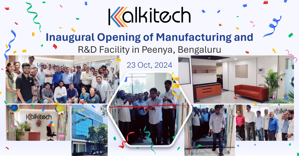 Kalkitech collage showing the team, ribbon cutting and workspaces at the Peenya manufacturing and R&D facility opening