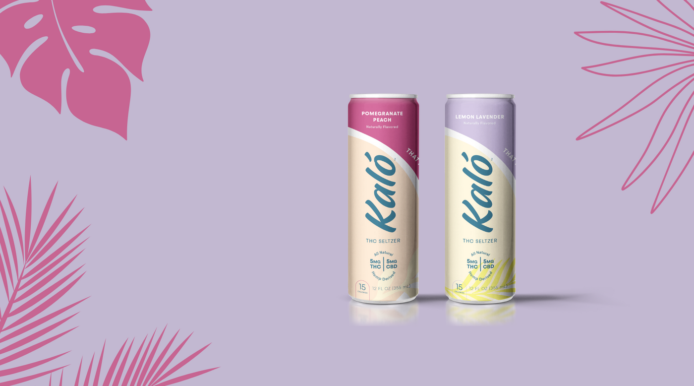 Kaló Pomegranate Peach and Lemon Lavender THC seltzer cans, labeled 5 mg THC and 5 mg CBD