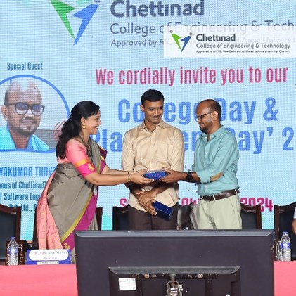 Kamalavel Rajendran, at center, taking part in Chettinad College’s 2024 celebration with other attendees