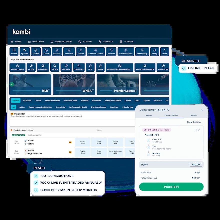 Kambi sportsbook product illustration showing sports navigation, betting markets and a bet slip