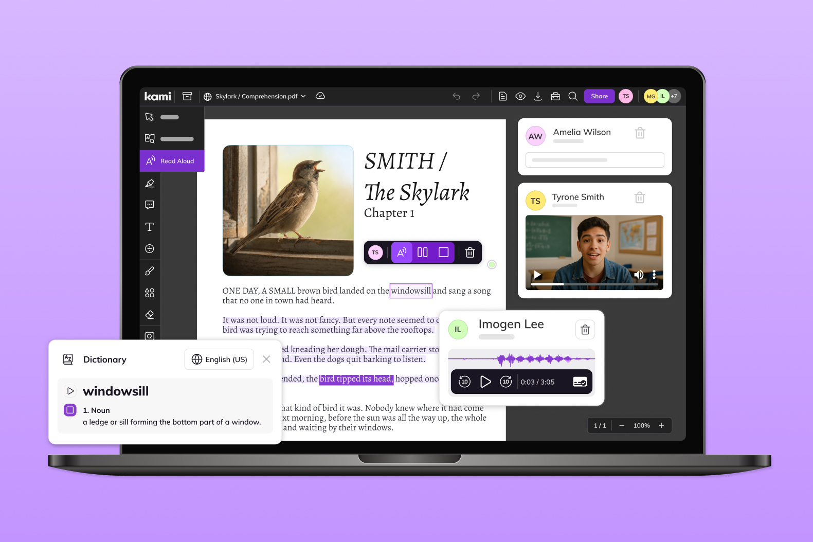 Kami product screenshot showing Read Aloud, a dictionary popup, and voice and video comments on a reading passage