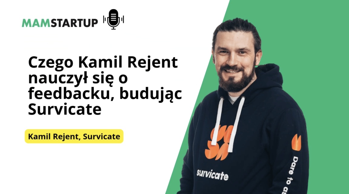 Kamil Rejent in a Survicate hoodie on the artwork for his MamStartup interview about customer feedback