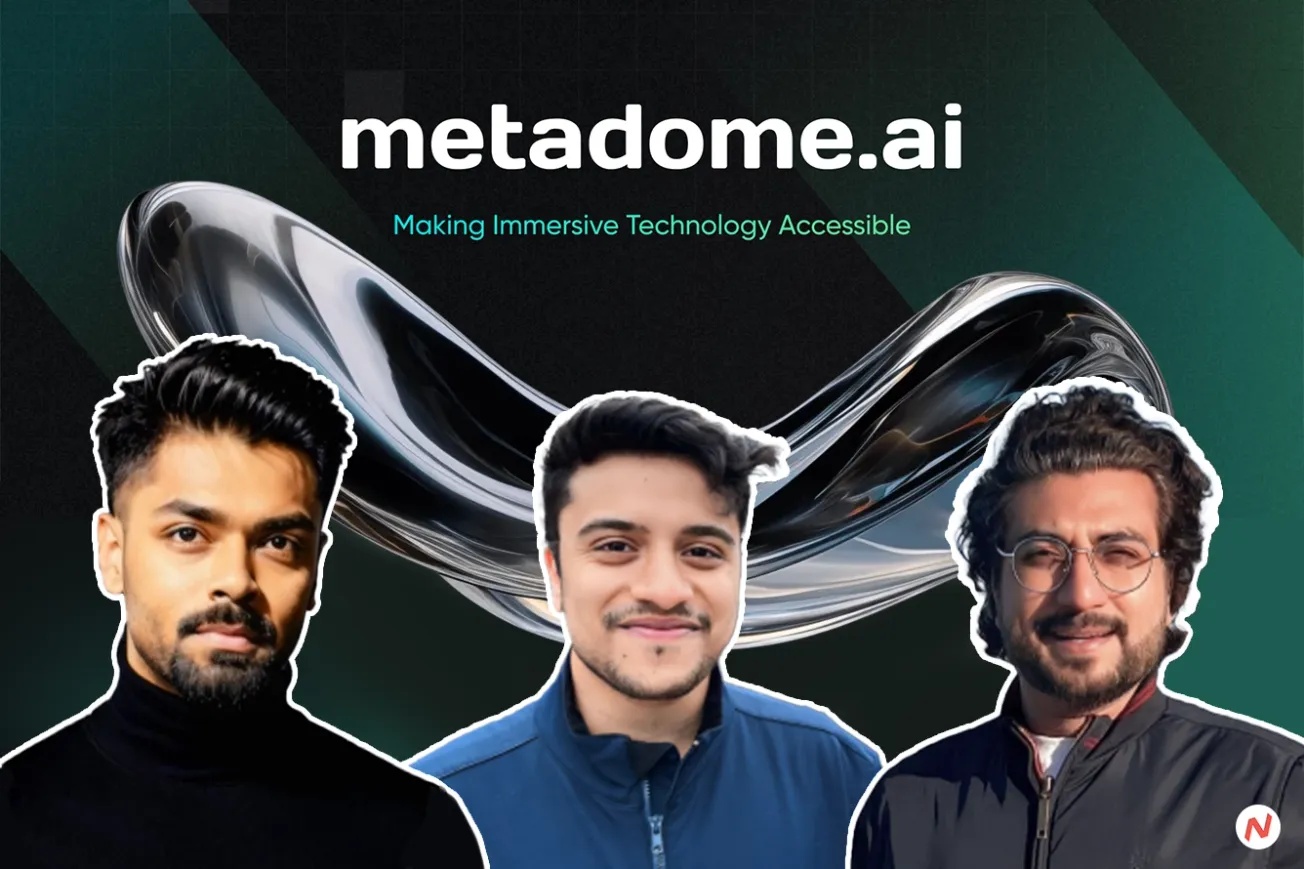A Metadome.ai press graphic showing three members of the founding team against company branding.
