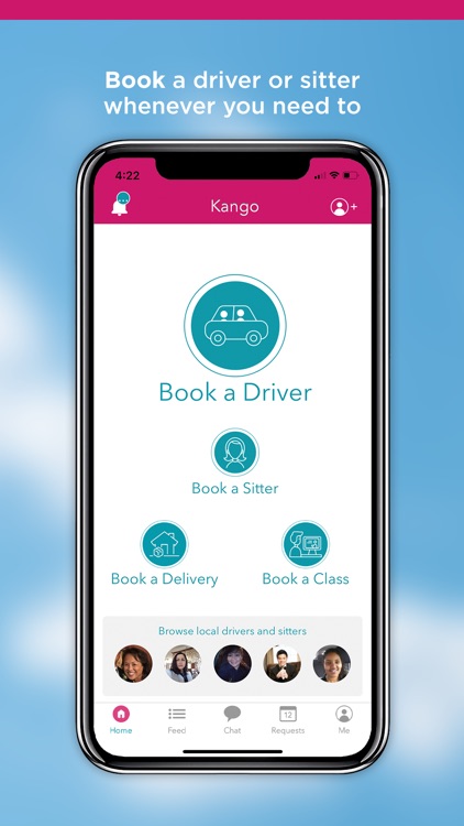 Kango app screen showing Book a Driver and Book a Sitter