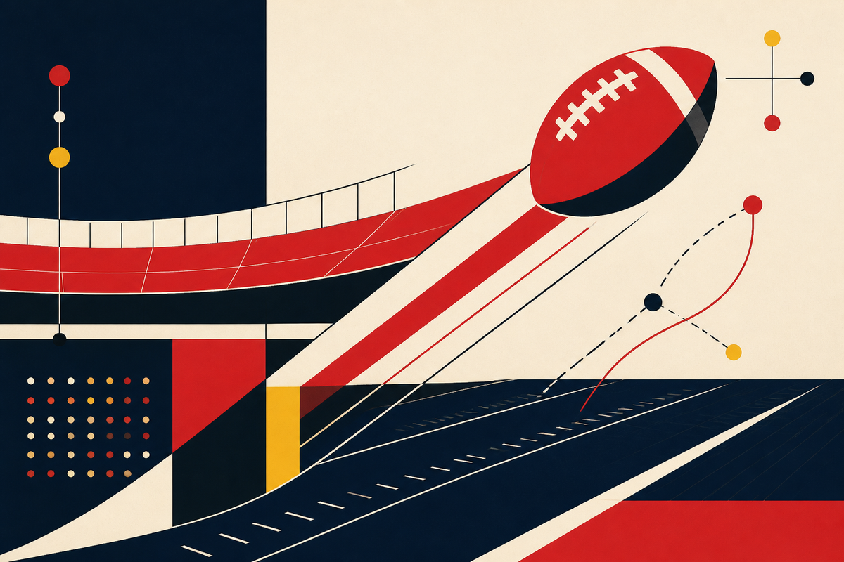 Abstract Swiss-style illustration of a football moving through stadium geometry and digital signal paths