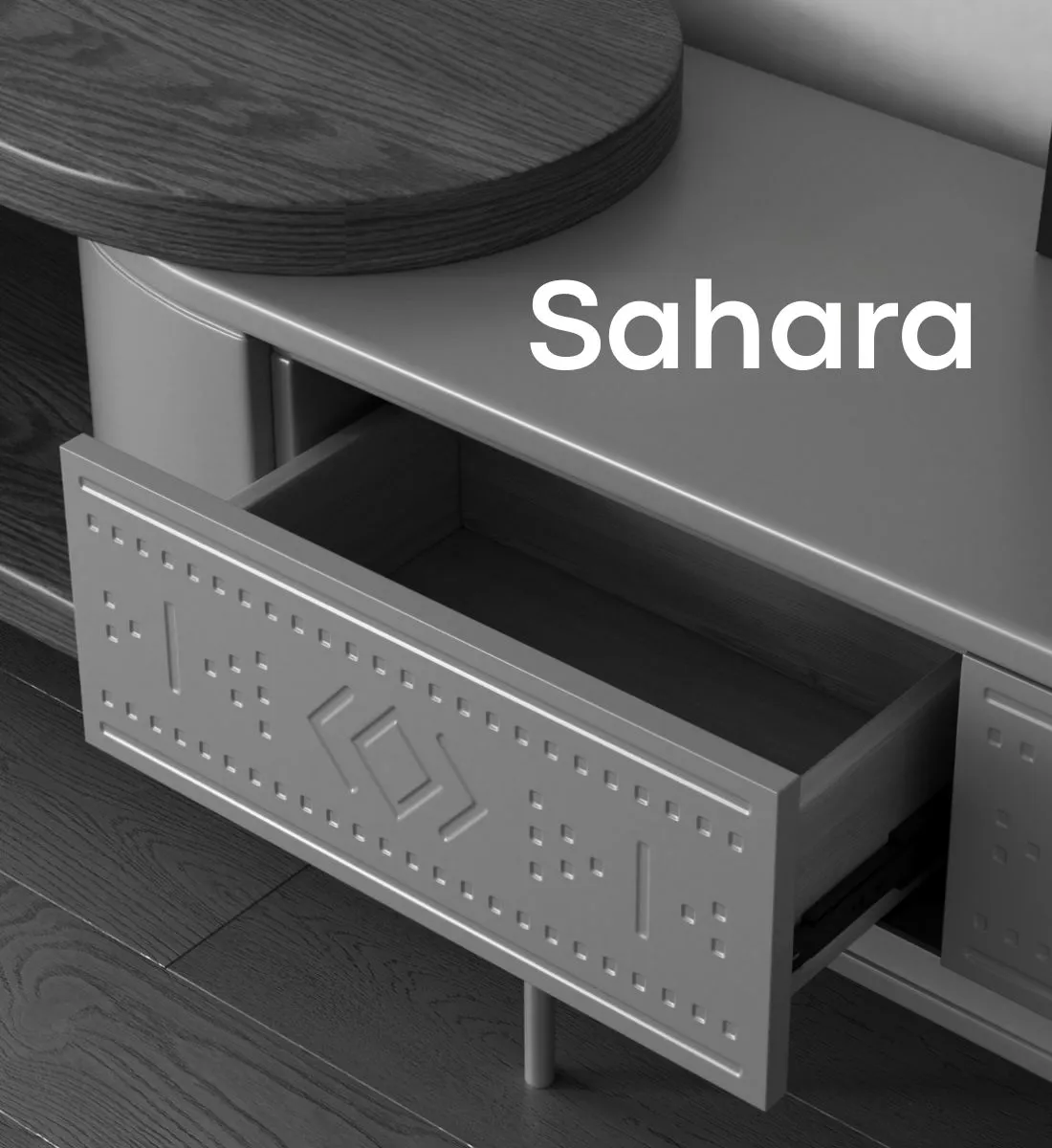 A Sahara furniture detail with geometric decoration on a drawer front