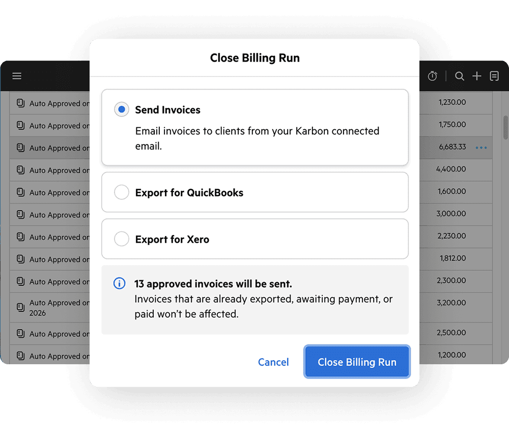 Karbon billing run interface with export and send options