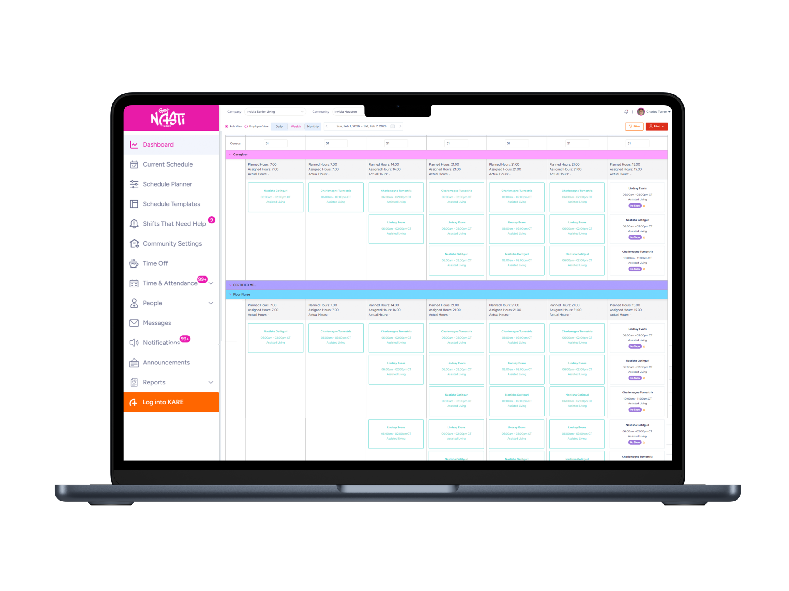 NASTi scheduling interface shown on a laptop