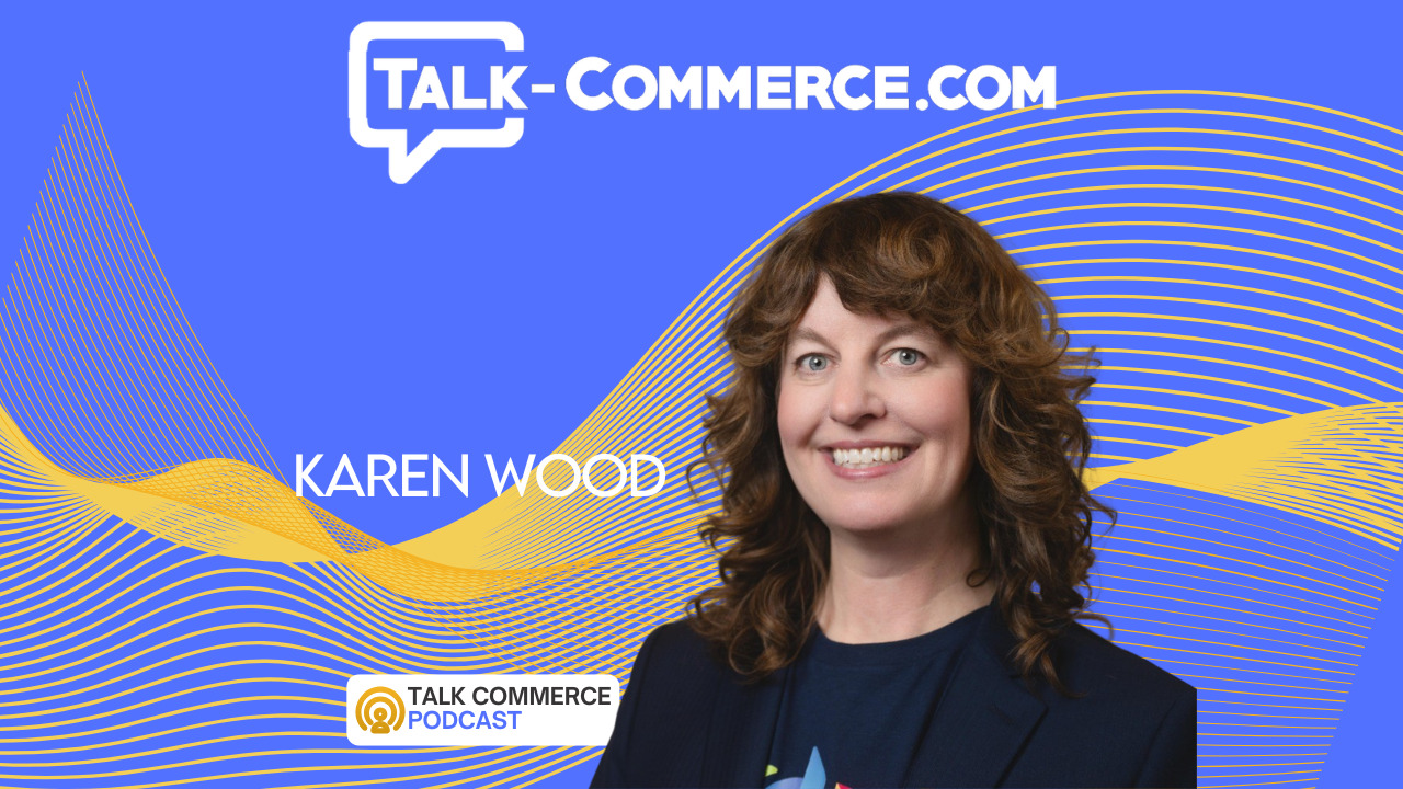Talk Commerce graphic featuring Karen Wood for a live Shoptalk interview