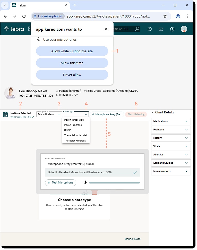 Tebra Help Center example showing AI Note Assist note type selection and the Start Listening control