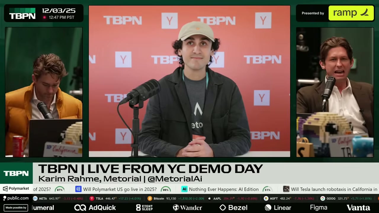 Karim Rahme speaking with the TBPN hosts at Y Combinator Demo Day in December 2025
