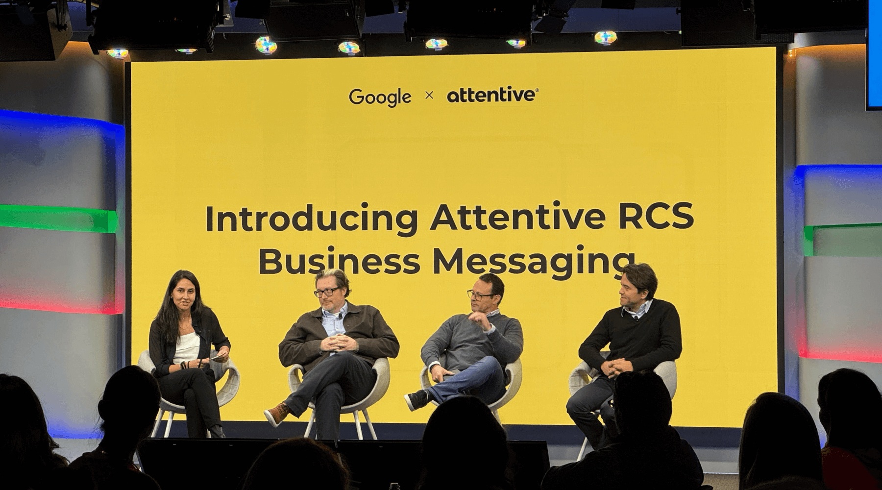 Karine Terzibachi speaking with Google RCS leaders on a stage at an Attentive event