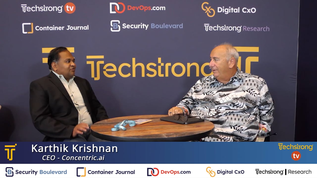 Karthik Krishnan, left, speaking with Alan Shimel at a Techstrong TV interview during RSA Conference 2022
