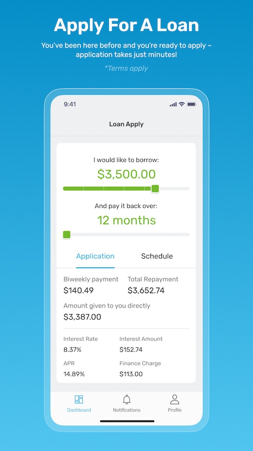 Kashable product screen showing a loan dashboard