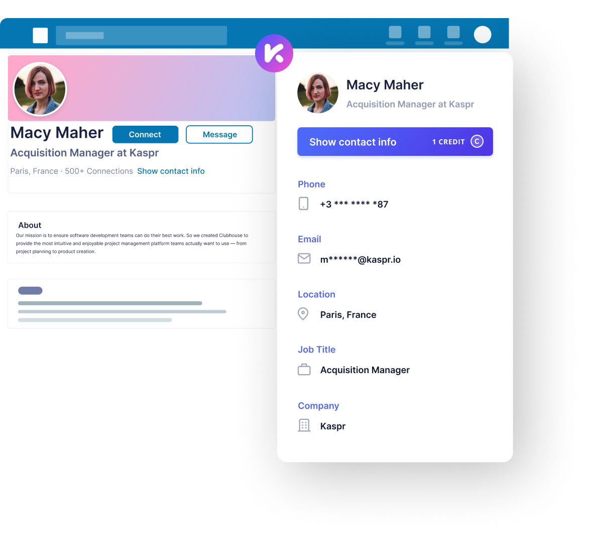 Kaspr Chrome extension revealing masked contact details beside a LinkedIn-style profile