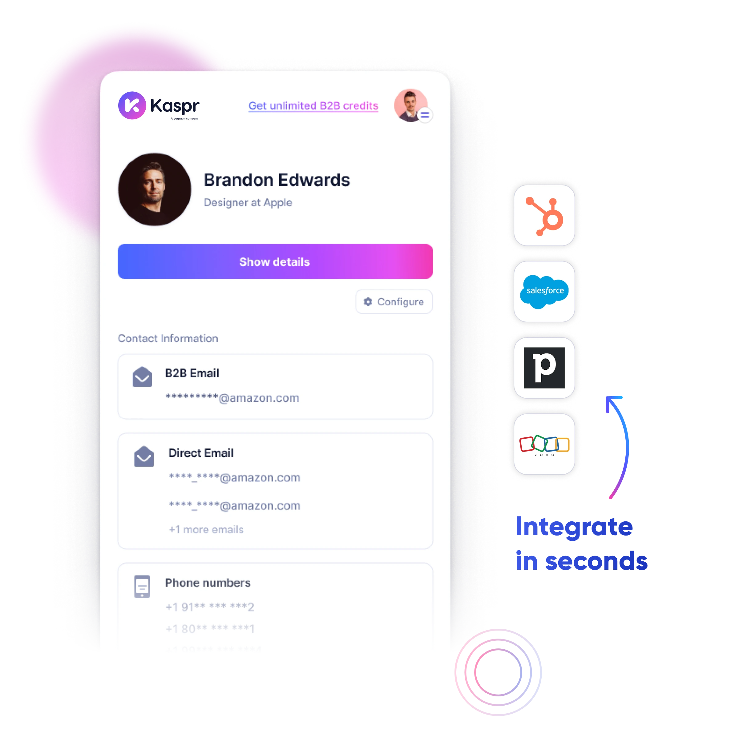 Kaspr contact card beside logos for HubSpot, Salesforce, Pipedrive and Zoho