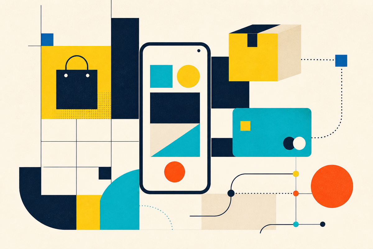 Abstract Swiss-style composition of a phone, shopping bag, parcel, payment card and connected delivery routes