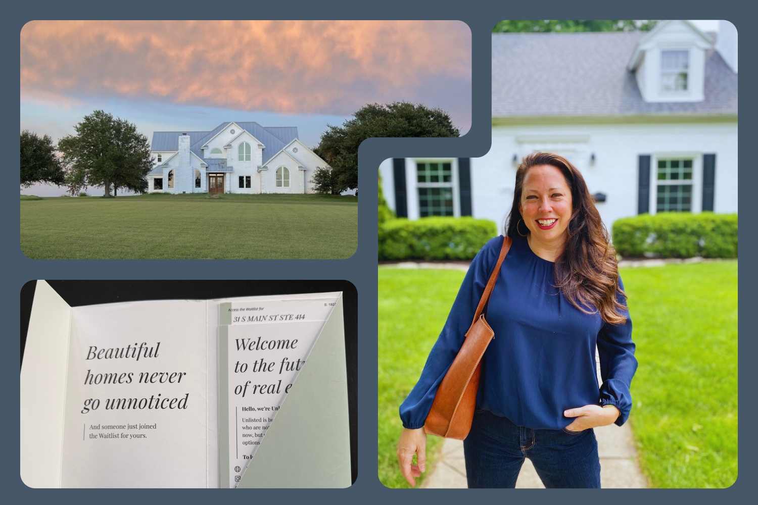 A collage showing Katie Hill outside a house, an UNLISTED mailer, and a residential property