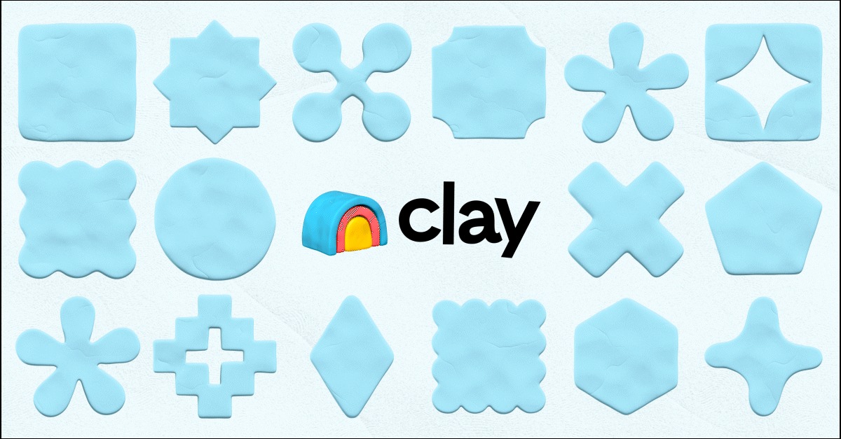 Clay wordmark surrounded by pale blue geometric clay shapes