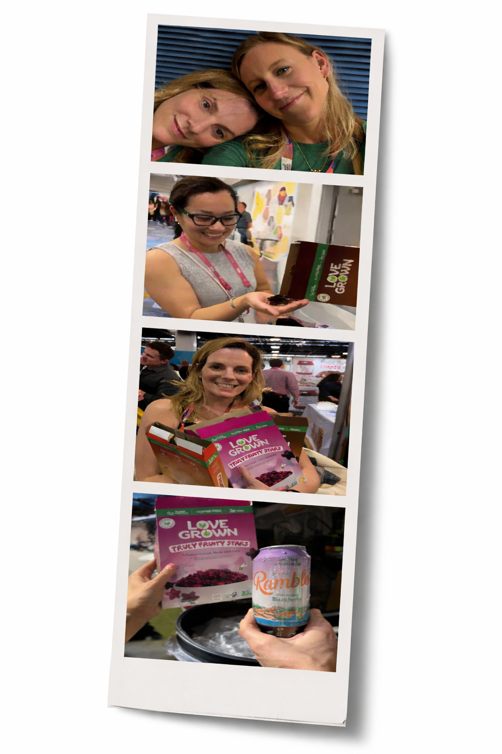 A photo strip from Expo West showing Katie Tyson and the Love Grown team sharing cereal