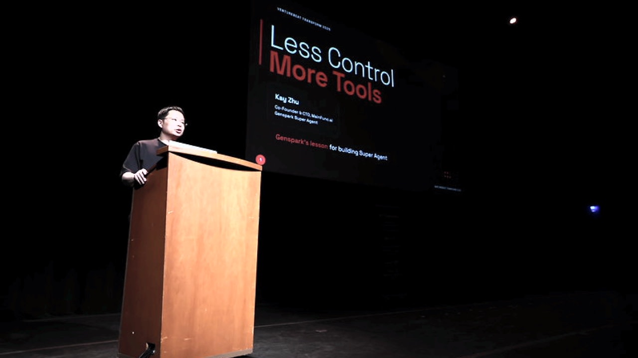 Kay Zhu presenting Less Control, More Tools at VentureBeat Transform in 2025