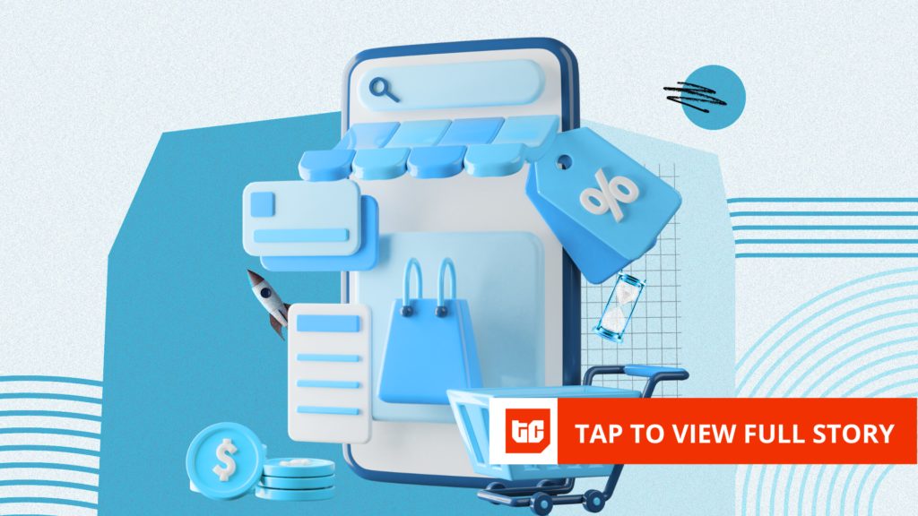 An editorial illustration of a mobile storefront, payment card, price tag, receipt and shopping cart