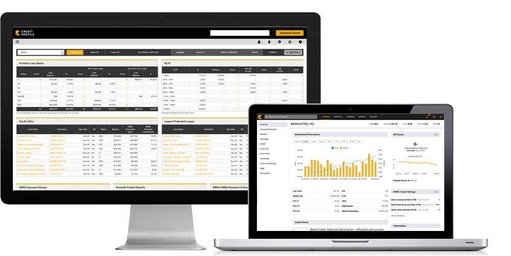 KBRA Analytics product interfaces showing property and credit analysis