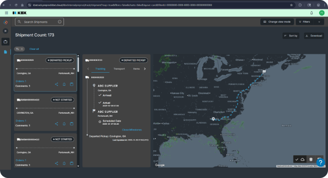 KBX’s published dark-mode shipment visibility interface