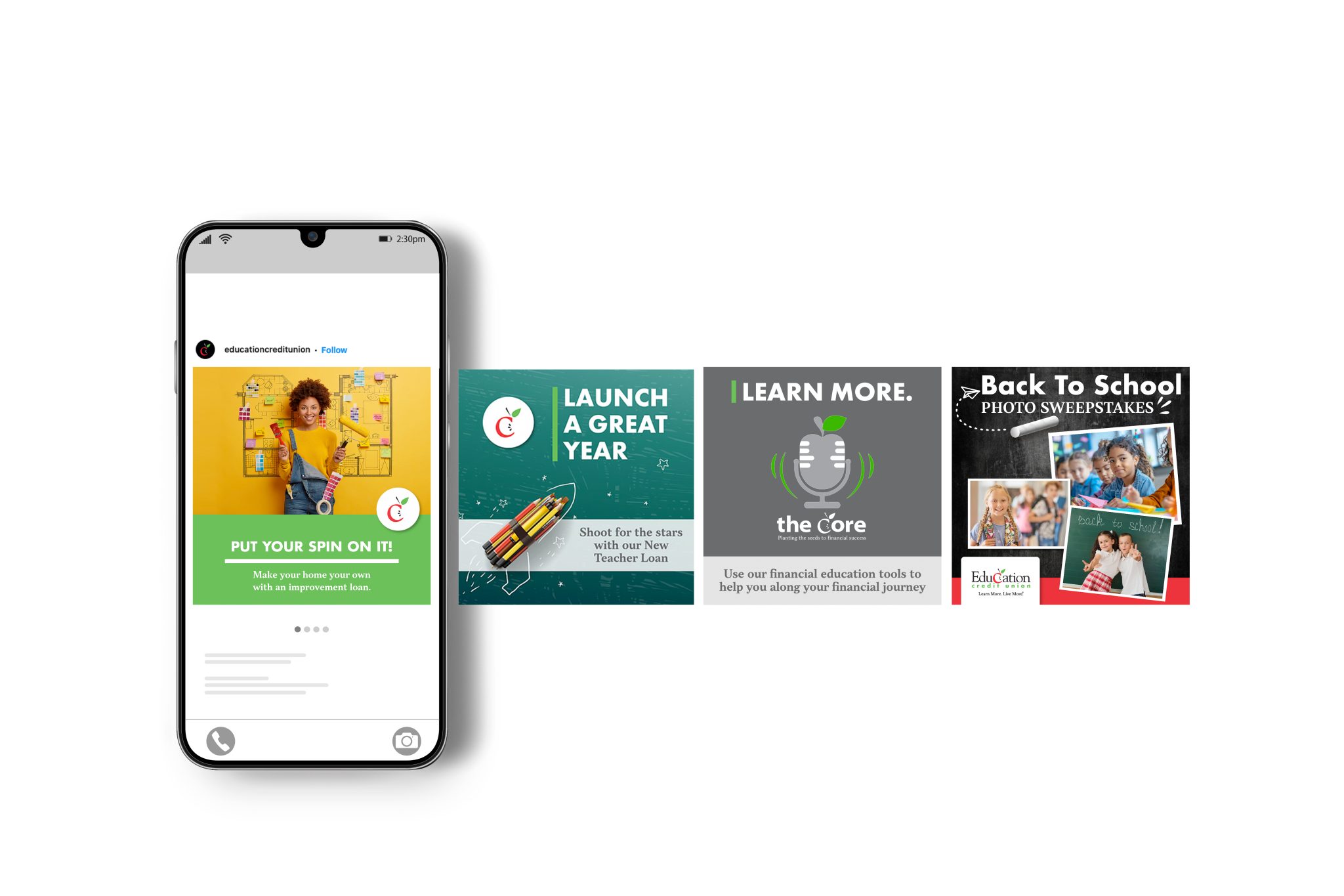 A phone and a row of Education Credit Union campaign graphics created by Kearley & Company