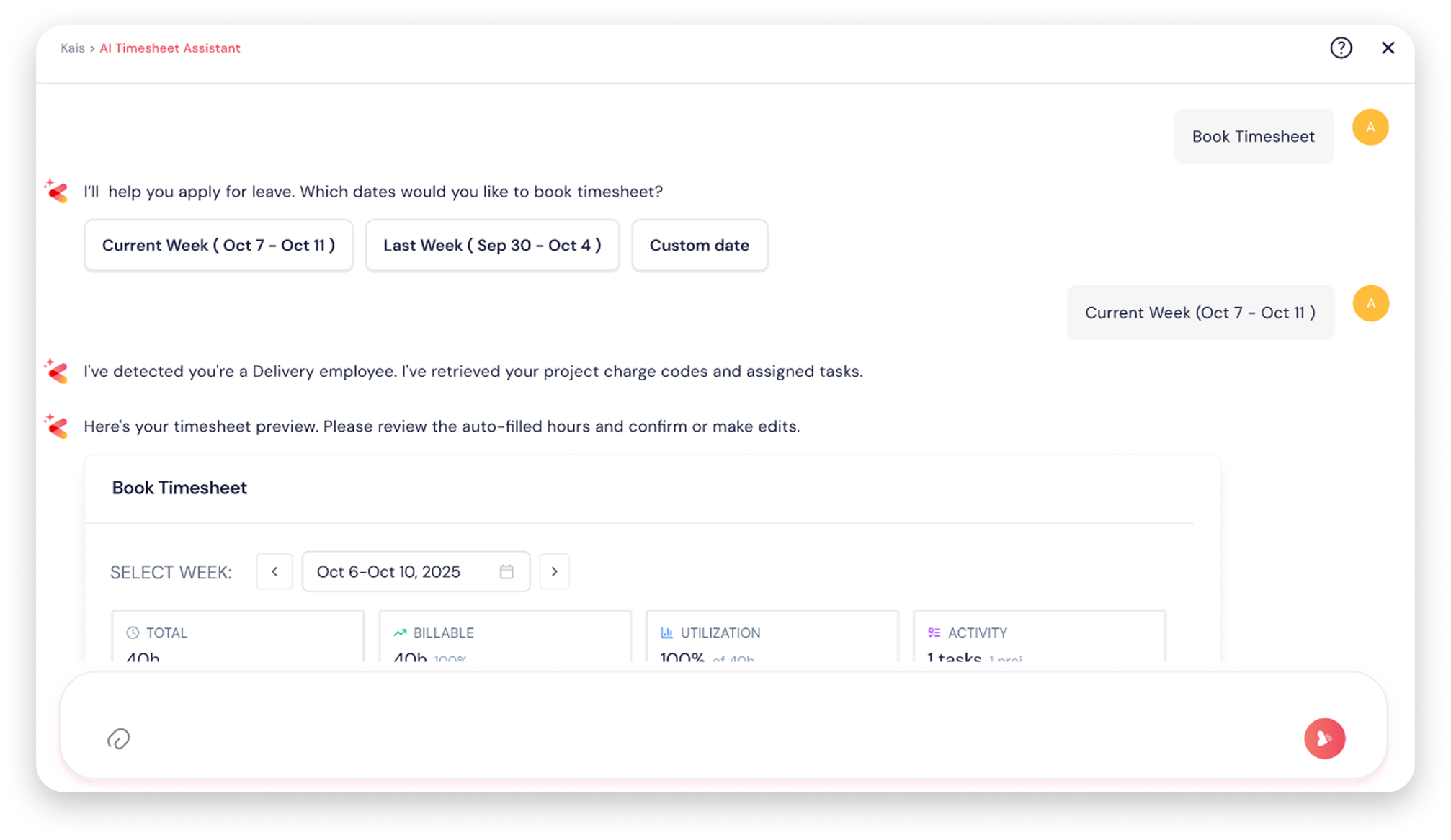 KEBS published Timesheet Agent interface illustrating time-entry intelligence
