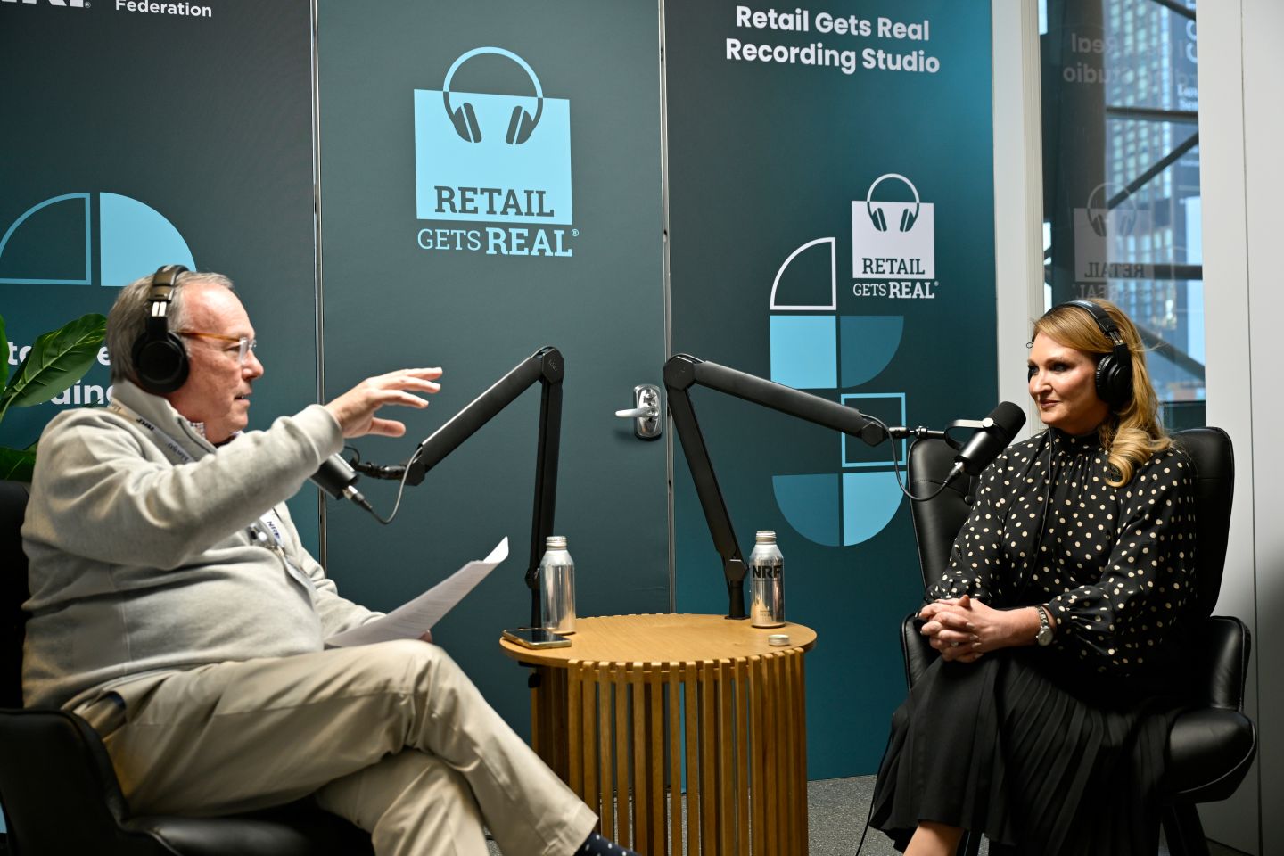 Bill Thorne, left, interviews Kecia Steelman during the Retail Gets Real podcast at NRF 2026