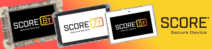 Three Keefe SCORE secure tablet models with clear or partially clear housings