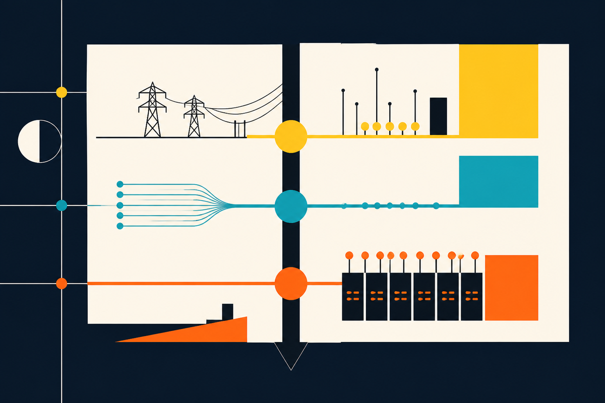 Abstract Swiss-style composition connecting power lines, fiber routes and server modules through a structural spine