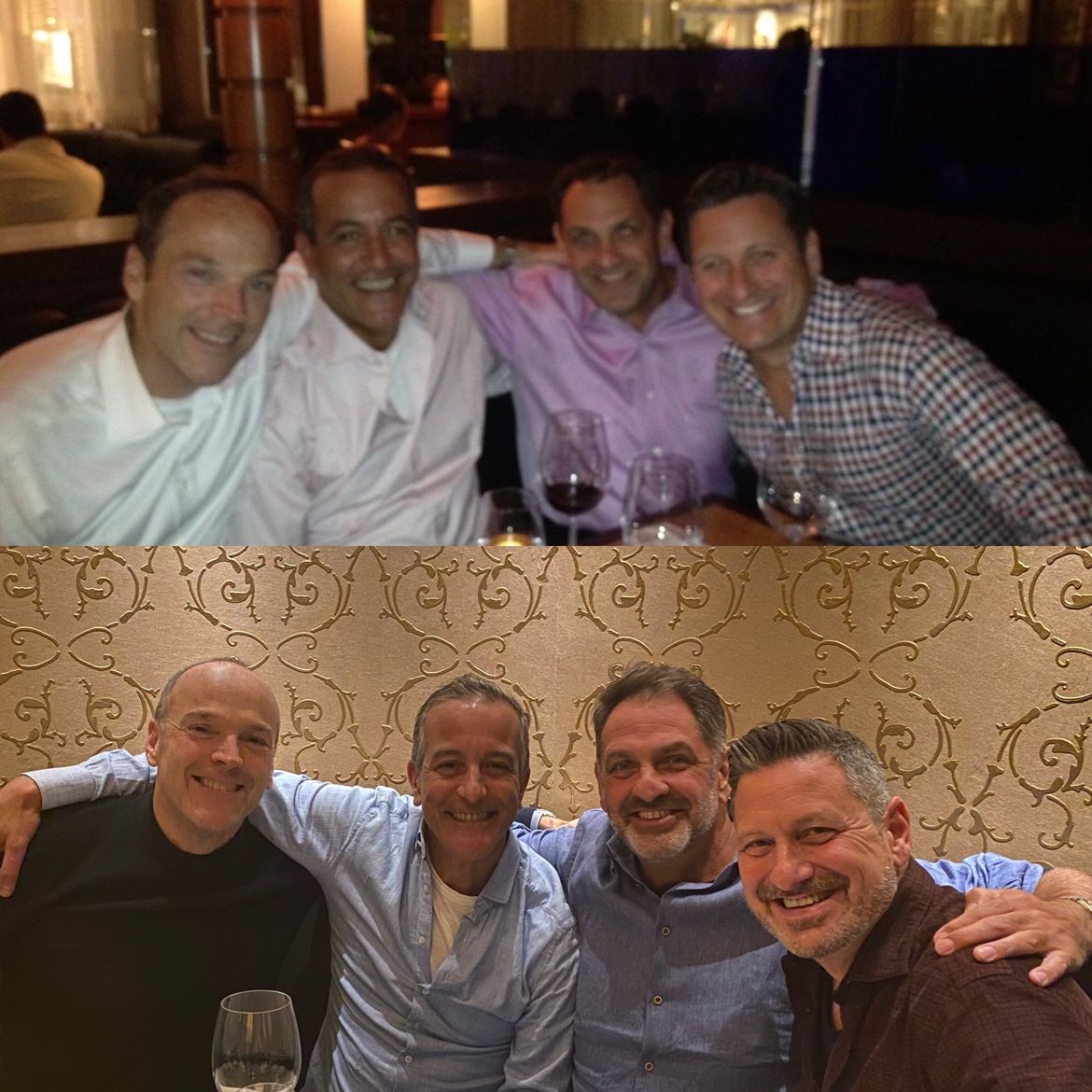 Two group photographs of Keith Alsheimer and former EnterpriseDB colleagues gathered years apart