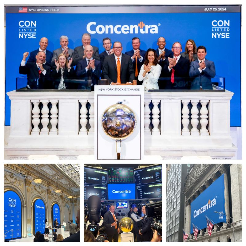 Keith Newton and colleagues at Concentra’s July 25, 2024 New York Stock Exchange celebration, with scenes from the trading floor and exchange exterior