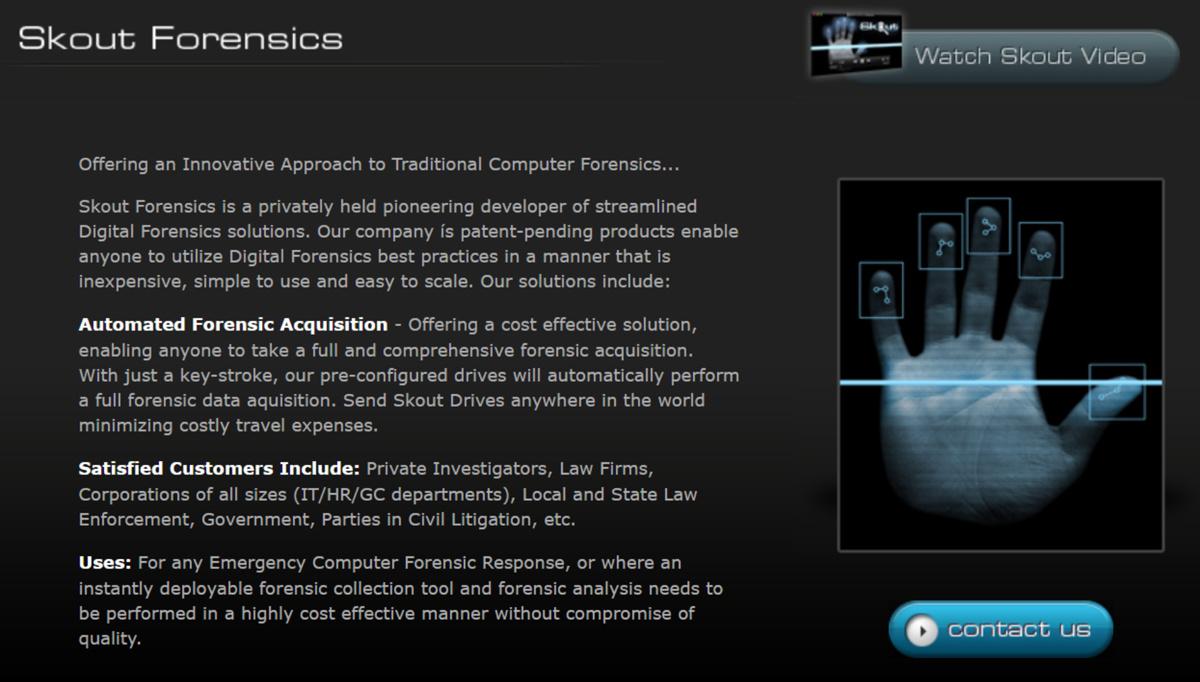 Archival Skout Forensics collateral explaining its automated forensic acquisition drives