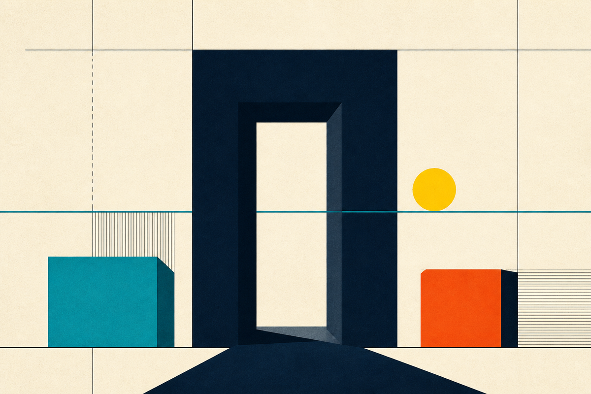 Abstract Swiss-style composition of a dark doorway, balanced blocks and a yellow circle