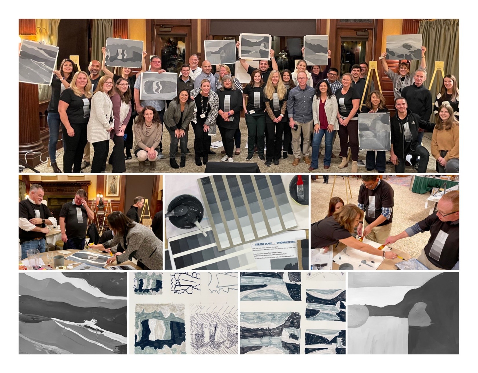 Agency colleagues display grayscale landscape paintings and collaborate at tables during the 2021 Simpson corporate retreat