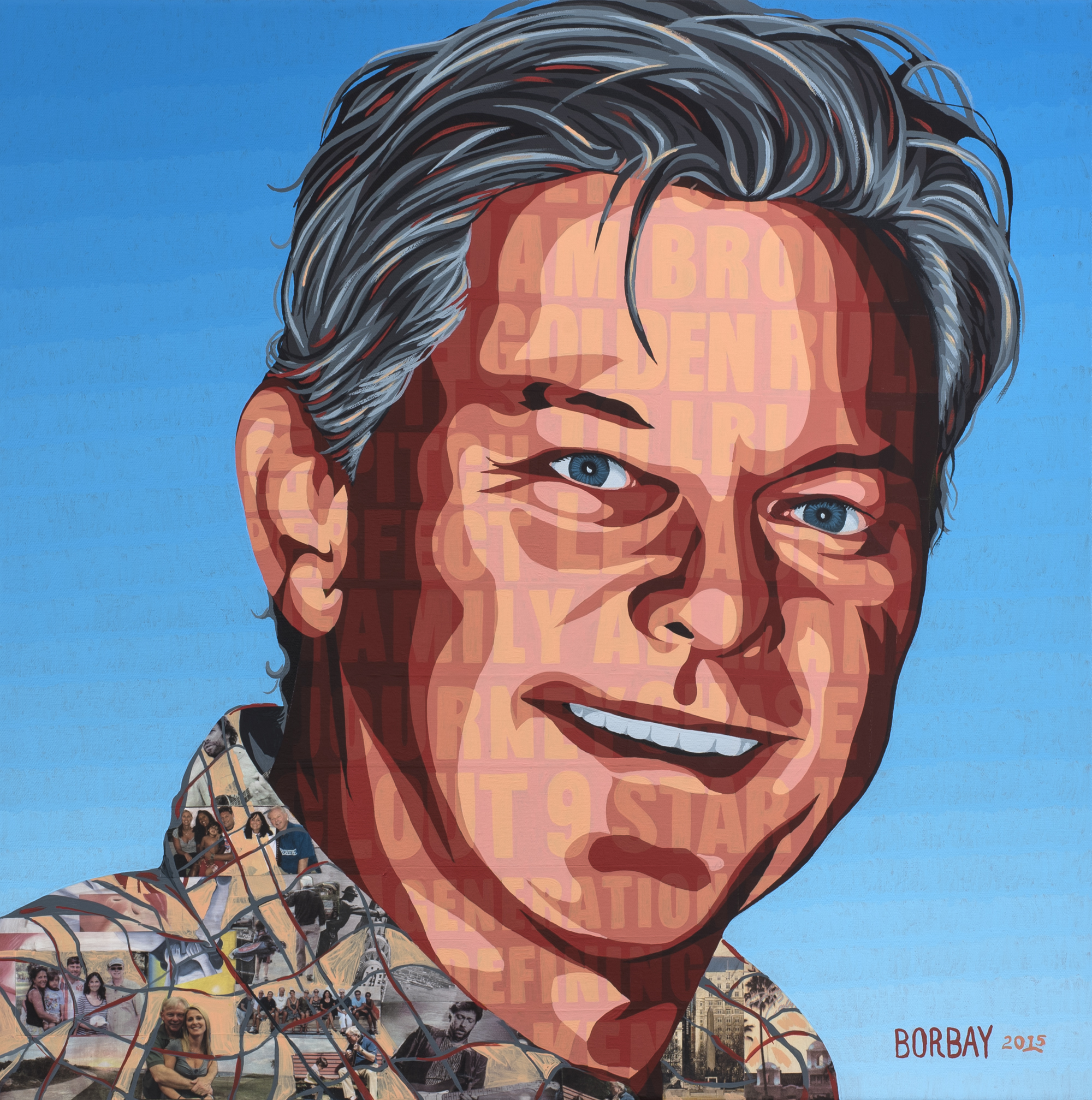 Borbay’s colourful collage painting of Kenneth Francis Begasse Sr., with printed fragments surrounding his smiling face