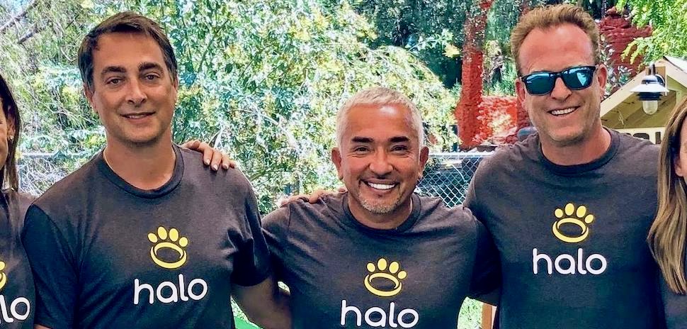 Michael Ehrman, Cesar Millan and Ken Ehrman wearing Halo shirts outdoors