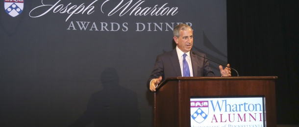 Ken Moelis speaking behind a lectern at the Joseph Wharton Awards Dinner