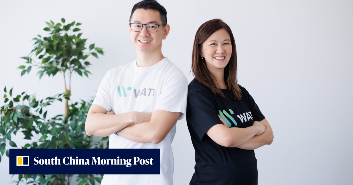 Ken Yeung and Bianca Ho, the co-founders of Wati, standing together in Wati shirts